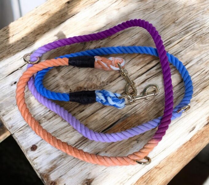 Premium Organic Cotton Dog Lead – Double ended Orange, Purple and Blue
